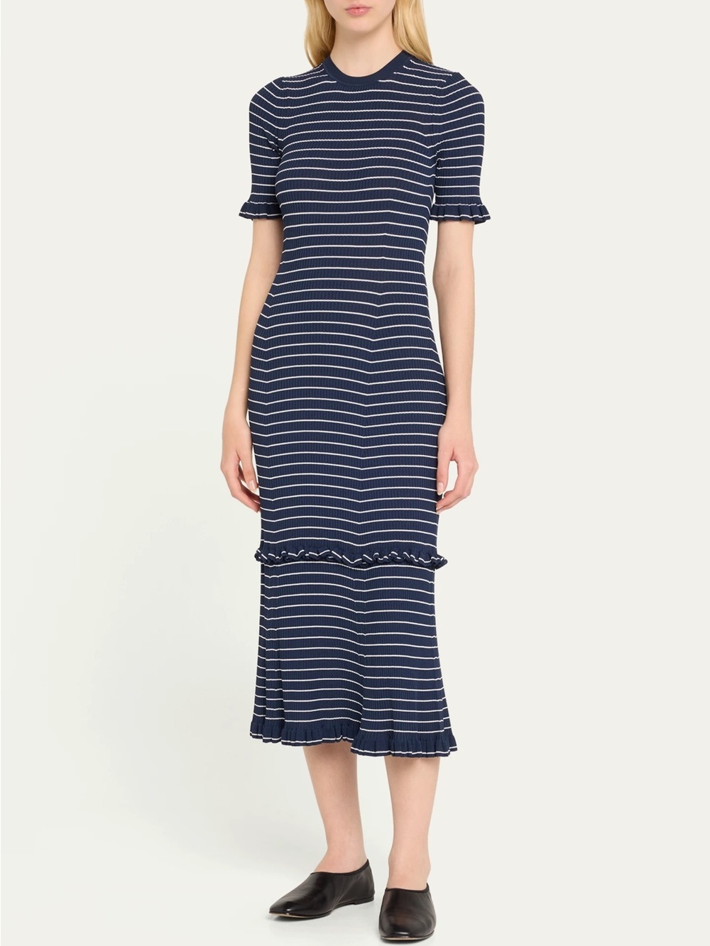 New Altuzarra Delpini Stripe Ruffle Trim Midi Dress Navy Blue White Sz XL